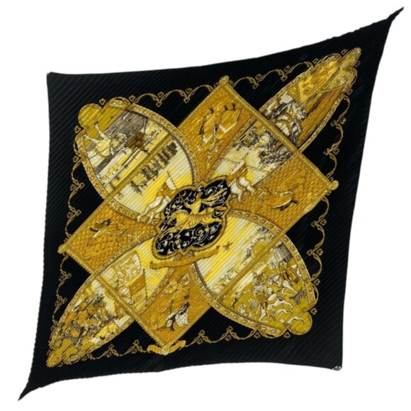 Hermes Scarf Pleated Horse Scene La Vie A Cheval Gold Black